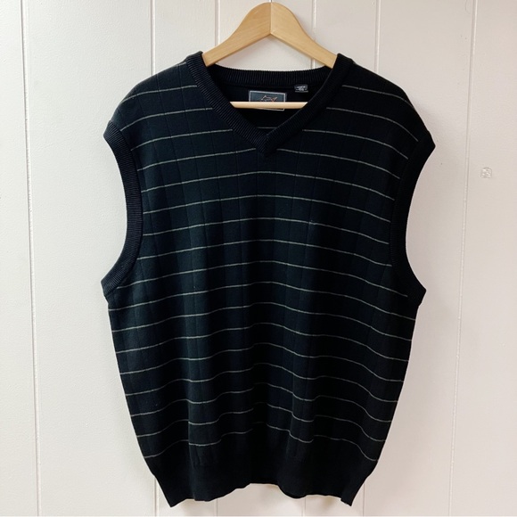 NWOT GREG NORMAN V-Neck Striped Sweater Vest SZ Large Black Gray All Cotton - Picture 1 of 6
